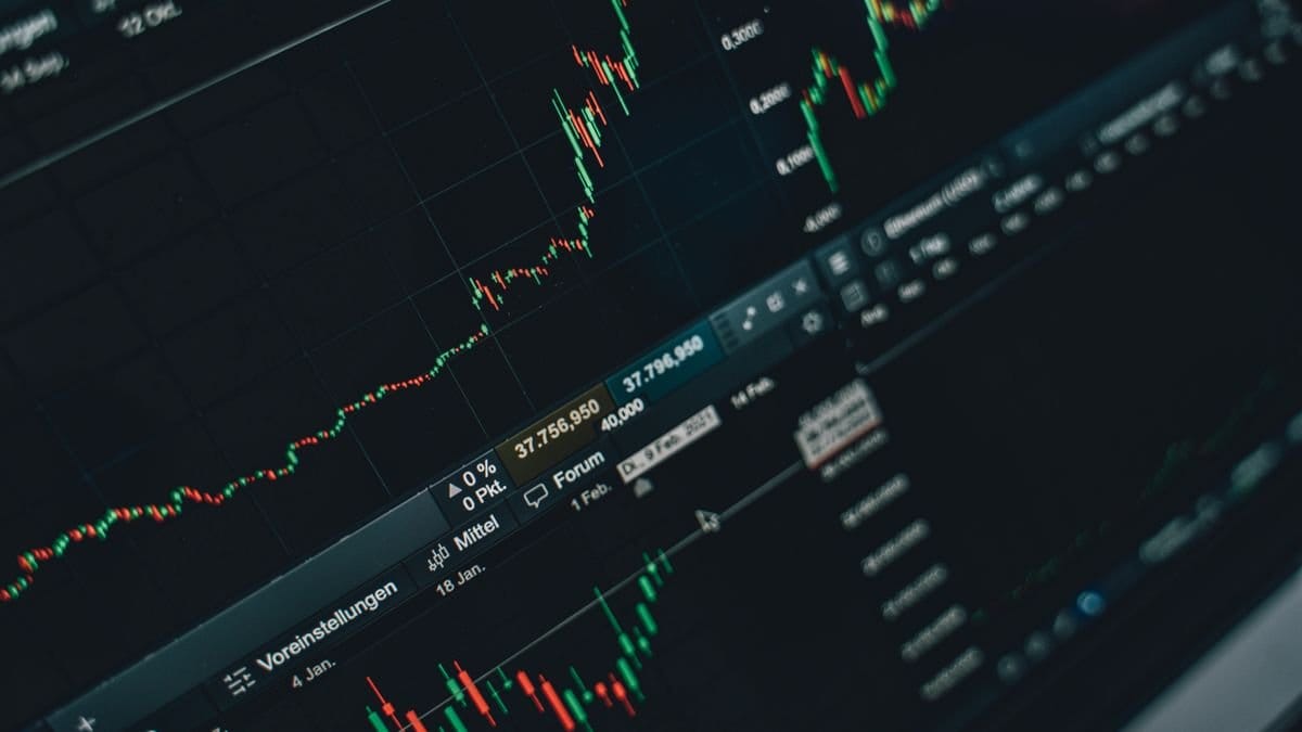 Candlestick chart showing stock market price movements and trading analysis