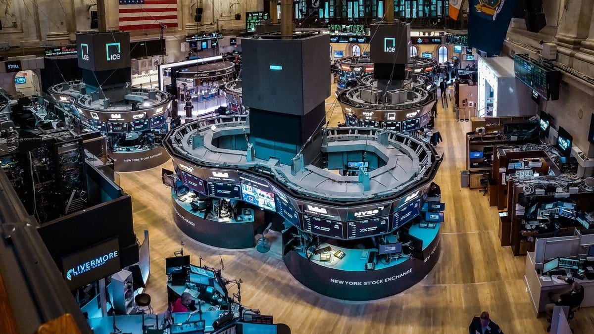 Aerial view of New York Stock Exchange trading floor showing market activity