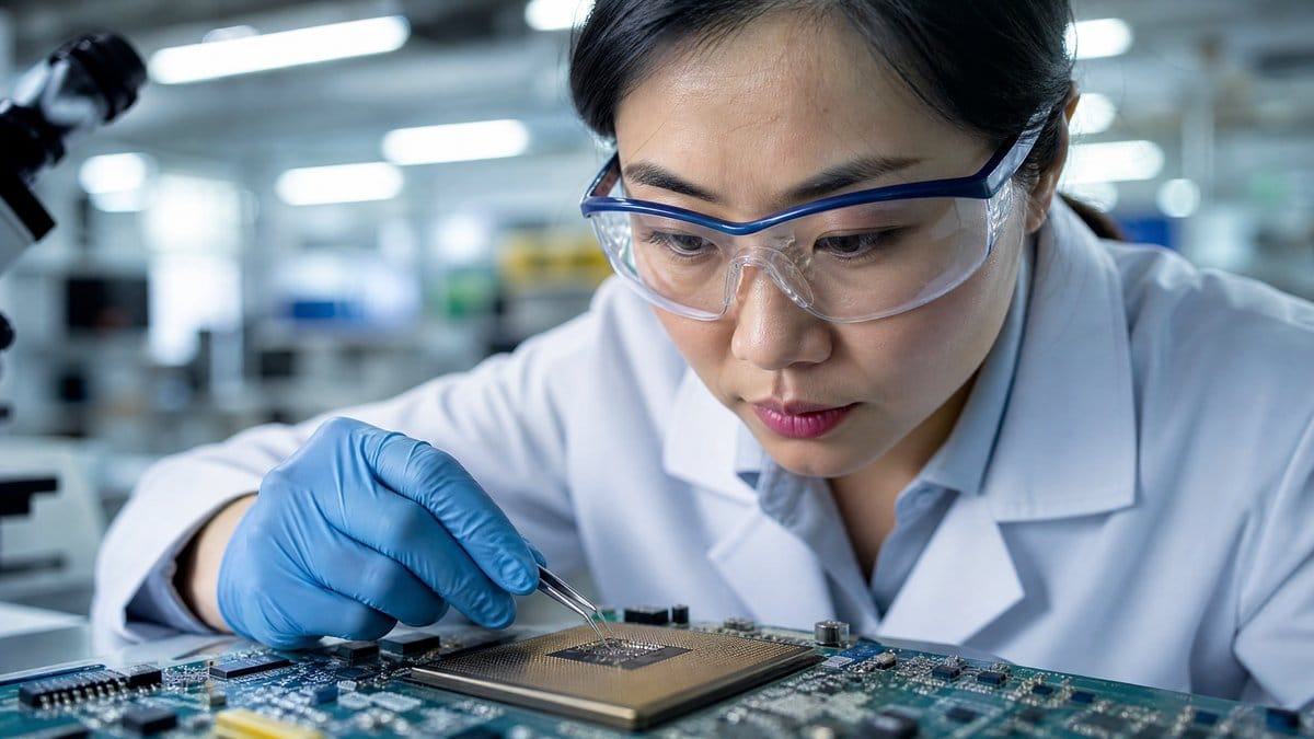 A female engineer examines a semiconductor microchip in a laboratory setting, representing the tech sector's focus amid market volatility.