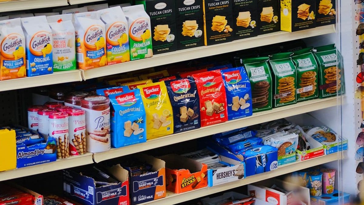 Packaged snack products displayed on retail shelves