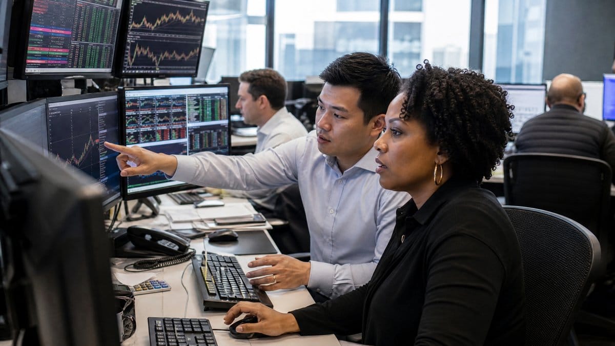Financial analysts reviewing stock market data and index performance charts on multiple monitors