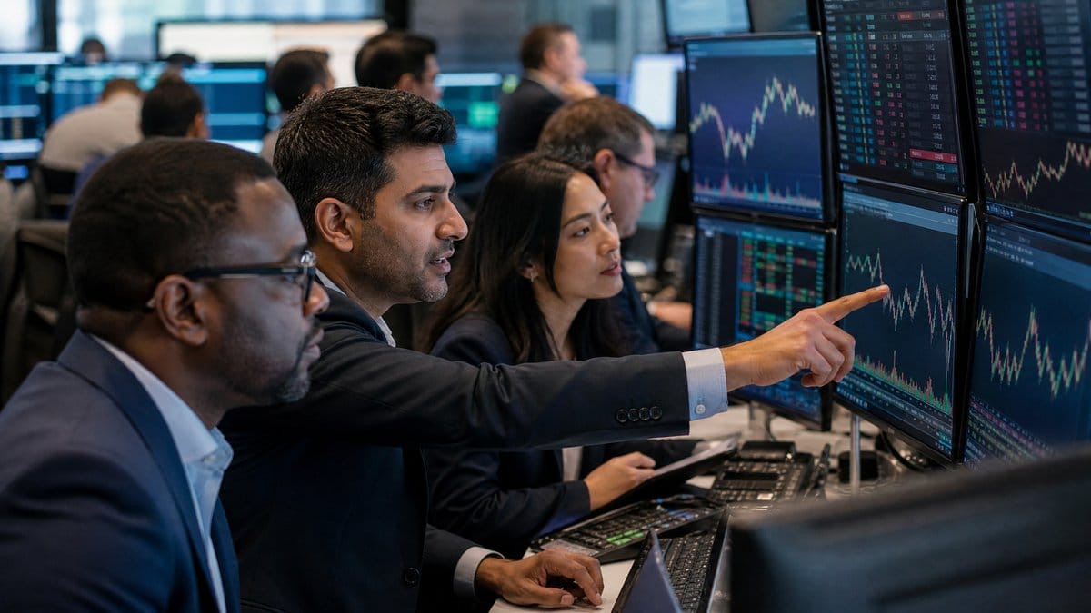 Wall Street traders analyzing AI chip stock rally on trading floor