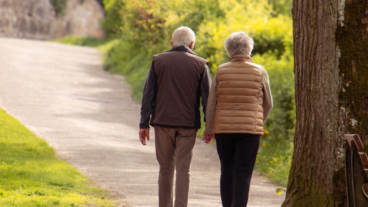 Older couple walking together in a green park during retirement