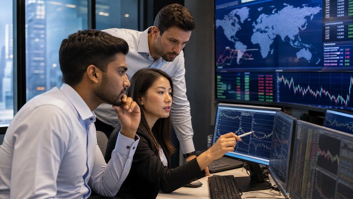 Diverse group of financial analysts and traders reviewing global market data on multiple screens