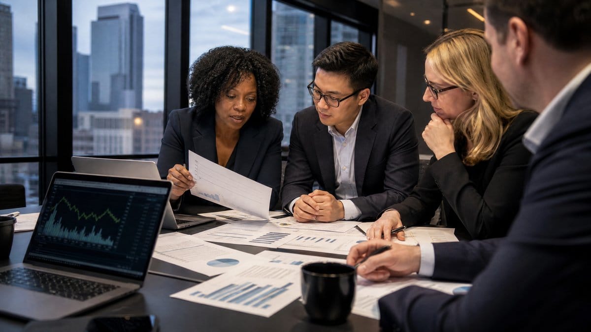 Diverse team of financial analysts reviewing market charts and economic reports in a modern office