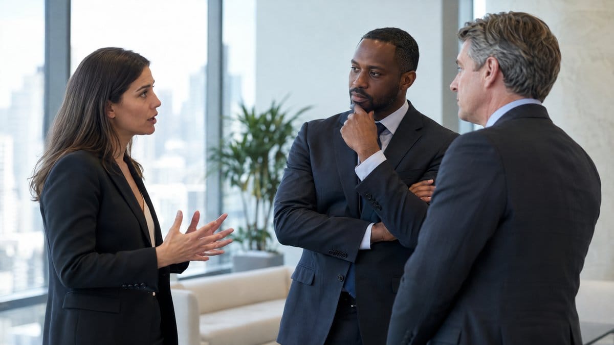 Diverse financial advisers discussing market conditions in a bright professional office