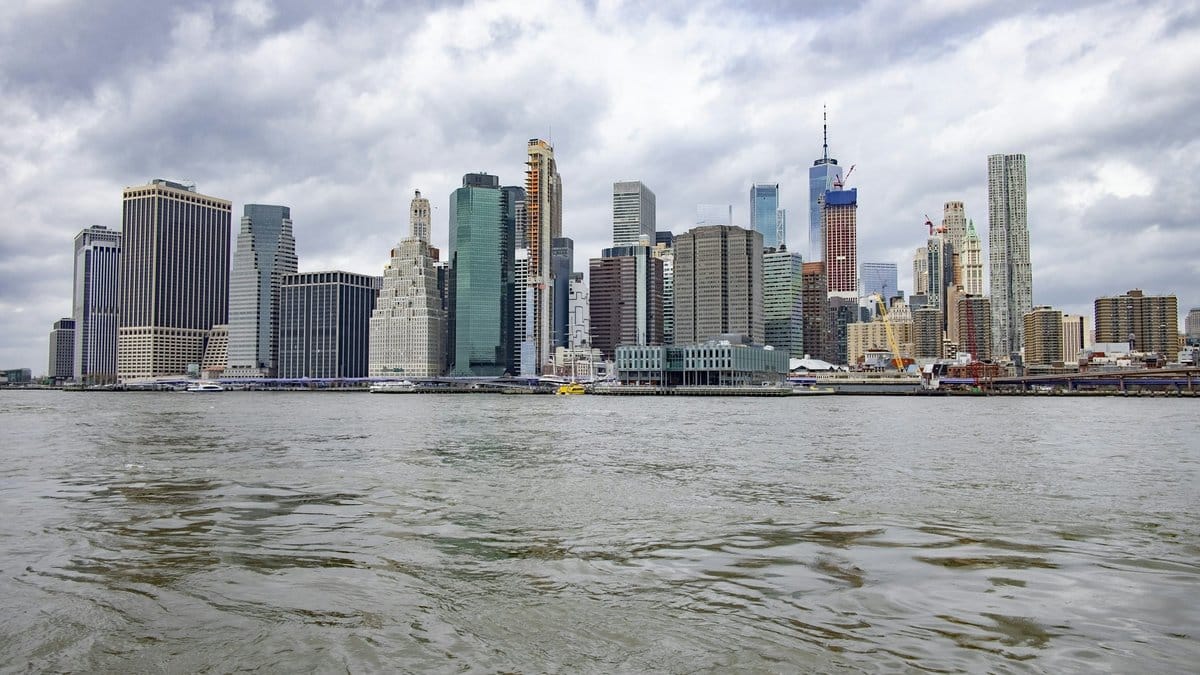 Lower Manhattan financial district skyline across the East River