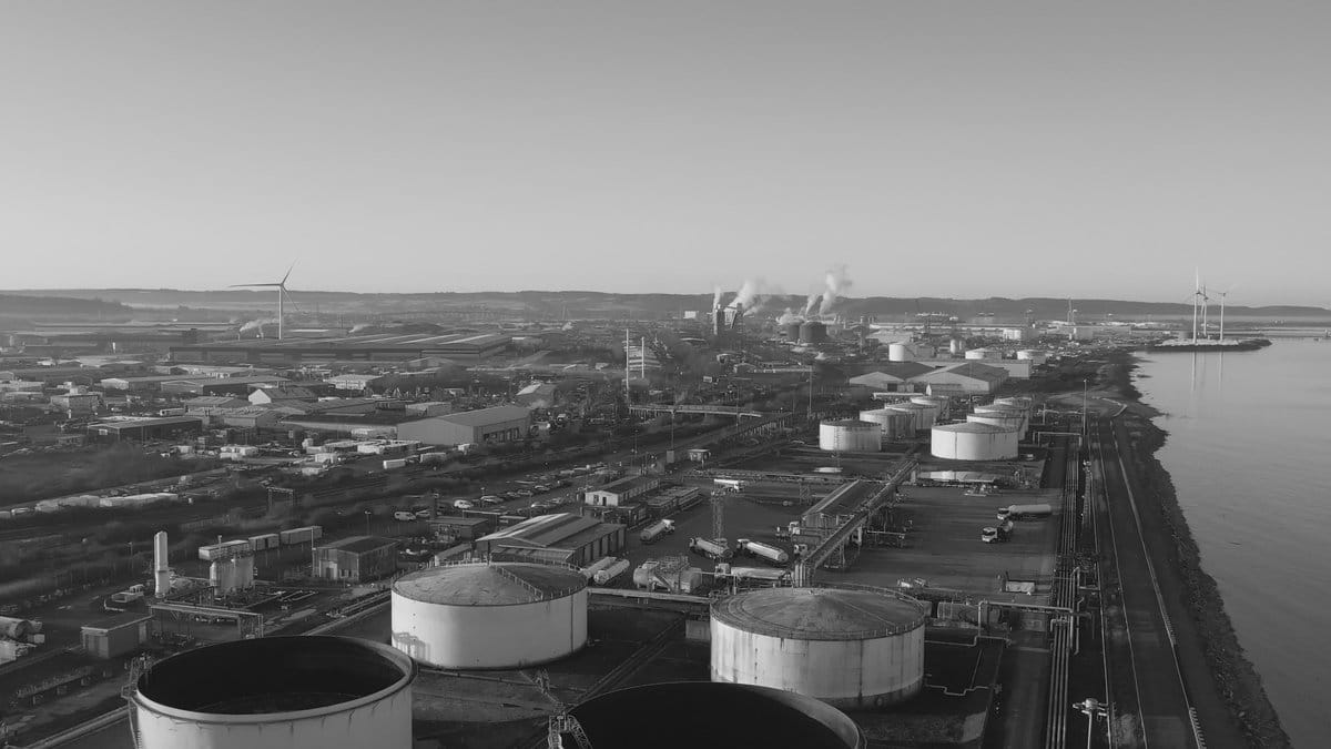 Aerial view of an oil refinery and fuel storage terminal