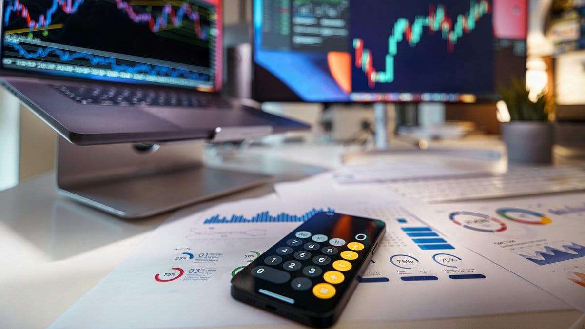 Market analysis workstation with trading screens and financial documents