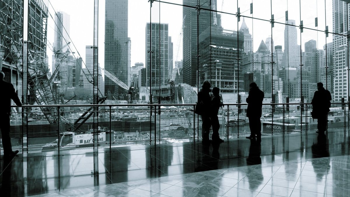 Financial district professionals monitoring U.S. stock market conditions and trading activity