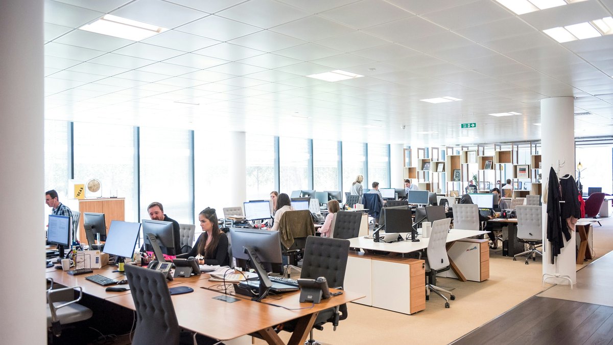 Employees working at computers in a bright open-plan office, illustrating business activity and the corporate earnings outlook for October 19, 2026