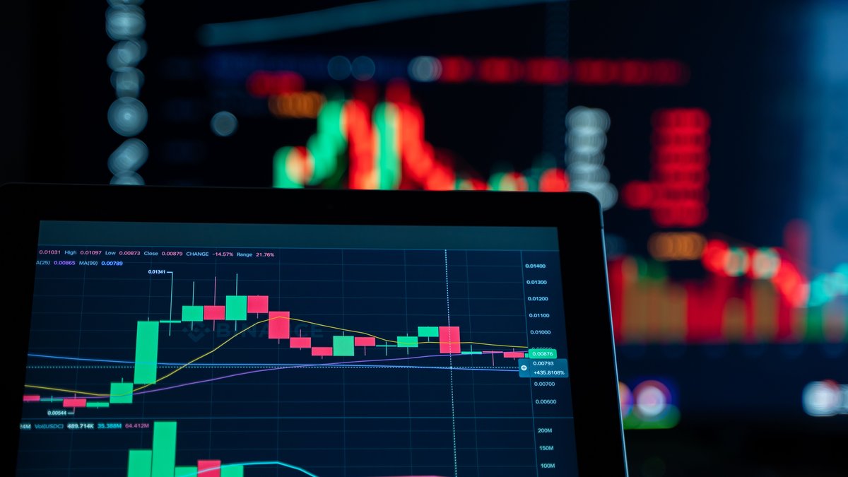 Market data displayed on trading screens with candlestick charts