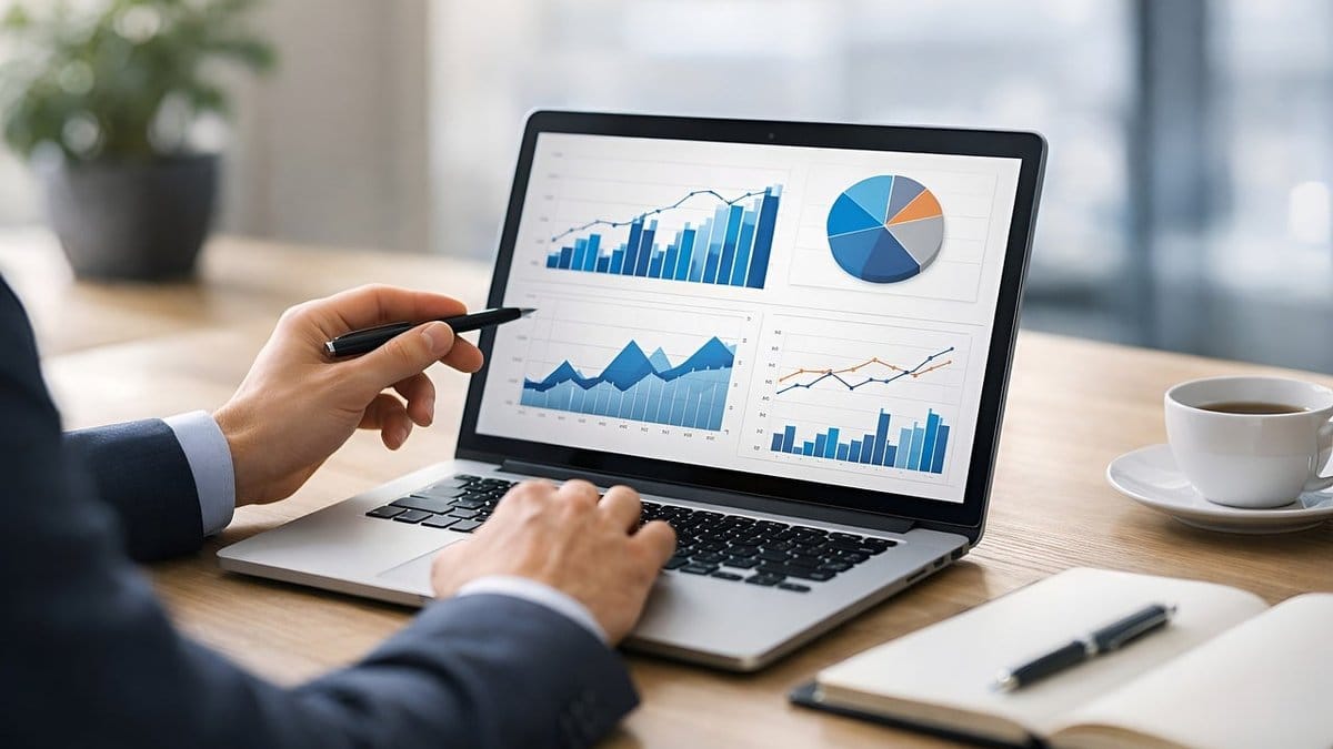 Investor reviewing charts on a laptop at a desk
